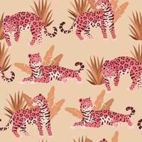 Seamless pattern with cute pink jaguar and golden palm leaves vector