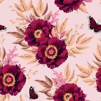 Seamless pattern with high detailed tree peony with leaves vector