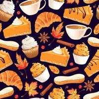Seamless pattern with pumpkin pie, pastry and coffee vector