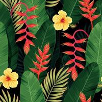 Seamless pattern with red and yellow tropical flowers and palm leaves vector