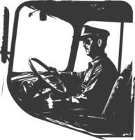 Silhouette bus driver in action full body black color only vector