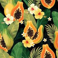 Seamless pattern with papaya and palm leaves on black background vector