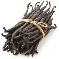 A stack of vanilla beans, dark and aromatic, isolated on a white background photo