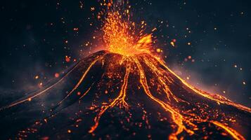un misterioso representación de un volcánico erupción, con un sencillo en forma de cono montículo escupiendo rojo y naranja papel tiras en contra un oscuro fondo foto