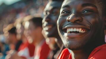 contento africano americano hombre disfrutando un Deportes evento en un estadio, simbolizando ocio, ventilador cultura, y internacional deportivo eventos foto