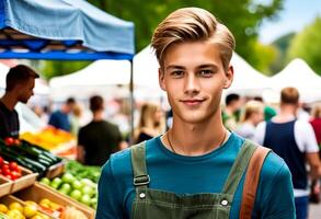 Confident young Caucasian male vendor smiling at a bustling farmers market, highlighting fresh produce and entrepreneurial spirit, ideal for small business Saturday photo