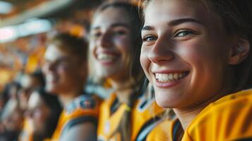 Joyful young adults wearing team colors at a sporting event, exuding friendship and excitement, ideal for themes of sportsmanship and International Day of Friendship photo