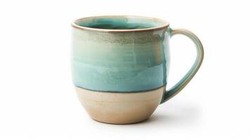 Handcrafted ceramic coffee mug in pastel blue and green, isolated on a white background photo