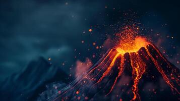 An eerie representation of a volcanic eruption, with a simple cone-shaped mound spewing red and orange paper strips against a dark backdrop photo