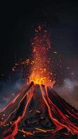 un misterioso representación de un volcánico erupción, con un sencillo en forma de cono montículo escupiendo rojo y naranja papel tiras en contra un oscuro fondo foto