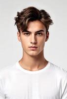 retrato de un joven caucásico masculino con elegante pelo posando en un llanura blanco t camisa, ideal para Moda y aseo temas foto