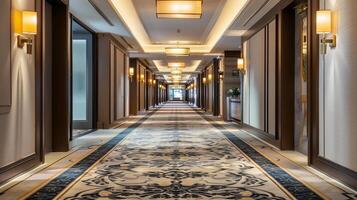 lujo hotel corredor con estampado alfombra, moderno Encendiendo, y elegante puertas, adecuado para negocio viaje y exclusivo hospitalidad temas foto
