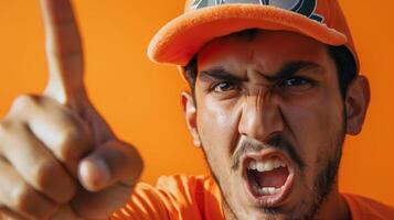 Enthusiastic young adult in orange apparel expressing victory or support, ideal for sports events, team spirit concepts, and international competitions photo