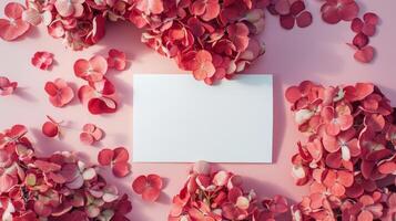 mockup of a white card beside red hydrangea bouquet, soft pastel tones photo