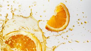 An artistic splash of orange juice with a single, perfect slice of orange frozen in mid-air, set against a stark white background for high contrast photo