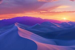 Sunrise paints unusual fractal patterns on undulating desert sand dunes with a vibrant orange and purple gradient sky as backdrop photo