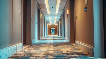 Modern hotel corridor with vibrant carpet design and elegant lighting, ideal for travel, hospitality industry, and architectural themes photo