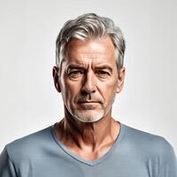 Portrait of a serious senior Caucasian man with grey hair looking at the camera, ideal for Fathers Day and mature fashion concepts photo