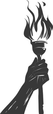 Silhouette hand holding burning torch black color only
