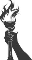 Silhouette hand holding burning torch black color only vector