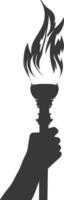 Silhouette hand holding burning torch black color only vector