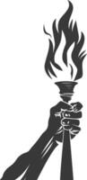 Silhouette hand holding burning torch black color only vector