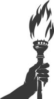 Silhouette hand holding burning torch black color only vector