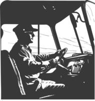 Silhouette bus driver in action full body black color only vector