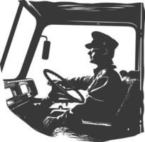 Silhouette bus driver in action full body black color only vector