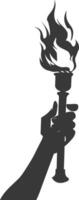 Silhouette hand holding burning torch black color only vector