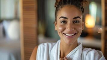 retrato de un alegre joven mujer en un blanco bata de baño disfrutando un yo cuidado día, Perfecto para bienestar y internacional De las mujeres día temas foto