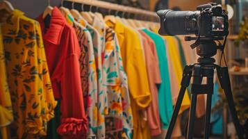 Professional DSLR camera on a tripod capturing vibrant womens fashion apparel on a rack, ideal for spring collection marketing and online retail visuals photo