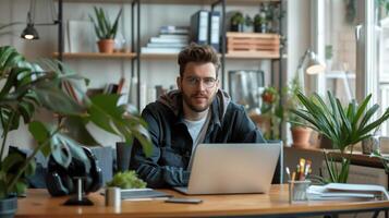 Caucasian male entrepreneur working on laptop in modern home office setting, embodying freelance and Small Business Saturday concepts photo