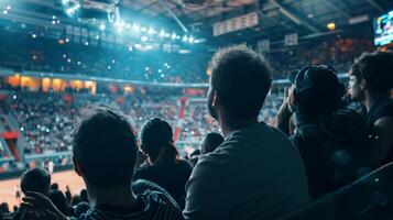 espalda ver de diverso público en un interior Deportes arena enfoque en un En Vivo baloncesto juego, ilustrando conceptos de ocio, comunidad, y Deportes eventos foto