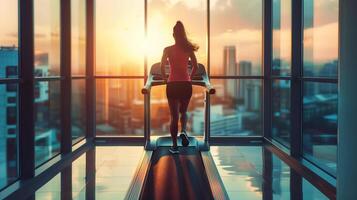 Silhouetted woman running on a treadmill in a gym with a panoramic city view at sunrise, concept of fitness, healthy lifestyle, and New Year resolutions photo