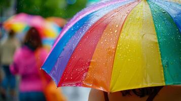 vistoso arco iris paraguas con gotas de lluvia, presentando anónimo persona en lluvioso día, conceptualmente vinculado a clima preparación y primavera duchas foto