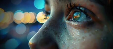 Close up of a persons eyes with sparkling bokeh lights reflecting, conveying concepts of wonder and the festive spirit of New Years Eve or Christmas photo