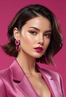 Elegant woman with pink lipstick and statement earrings posing on a pink background, ideal for beauty concepts and fashion editorials photo