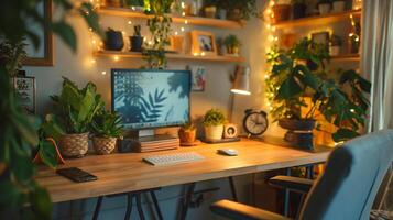 acogedor hogar oficina con plantas y calentar hada luces, exhibiendo un cómodo remoto trabajo ambiente, relacionado a independiente y mundo ambiente día foto