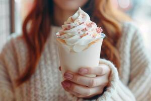 Woman holding a festive peppermint topped dessert in a clear cup, evoking cozy holiday treats and Christmas indulgence photo