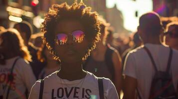 africano americano mujer con afro y reflexivo Gafas de sol a un música festival, transporte verano vibraciones y juventud cultura celebraciones foto