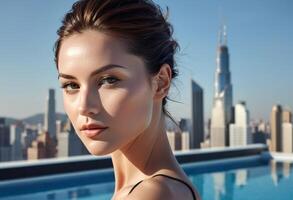 Elegant woman with a serene expression posing by a rooftop pool with city skyline backdrop, suitable for themes like luxury lifestyle and summer elegance photo