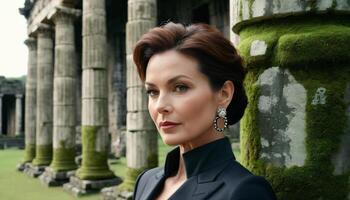 Elegant woman with sophisticated attire posing confidently at an ancient temple site, evoking themes of travel, history, and International Womens Day photo