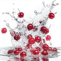 Fresco cerezas salpicaduras en agua con dinámica gotas, ideal para comida y bebida, Hora de verano refresco, o sano comiendo conceptos foto