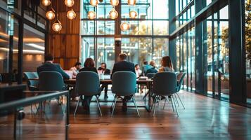 Professional team meeting in a modern office boardroom with ambient lighting, capturing a concept of teamwork, corporate strategy, and business management photo