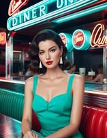 elegante mujer en un verde azulado vestir posando con confianza a un retro cena, evocando el clásico americana ambiente y Perfecto para 1950s nostalgia temas foto