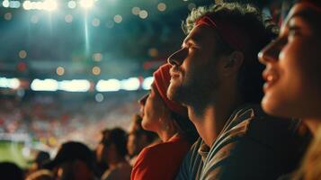 Fans in red headbands intently watching a nighttime sports event at a stadium, conveying excitement and anticipation, related to sporting events and fan culture photo