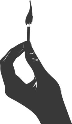 Silhouette hand holding burning match black color only