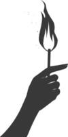 Silhouette hand holding burning match black color only vector