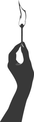 Silhouette hand holding burning match black color only